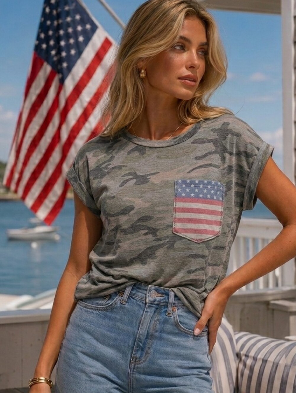 Women's Patriotic Camo Tank Top American Flag Pocket